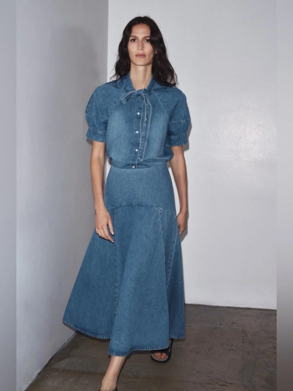 Zara Blue Denim Tie-Neck Top